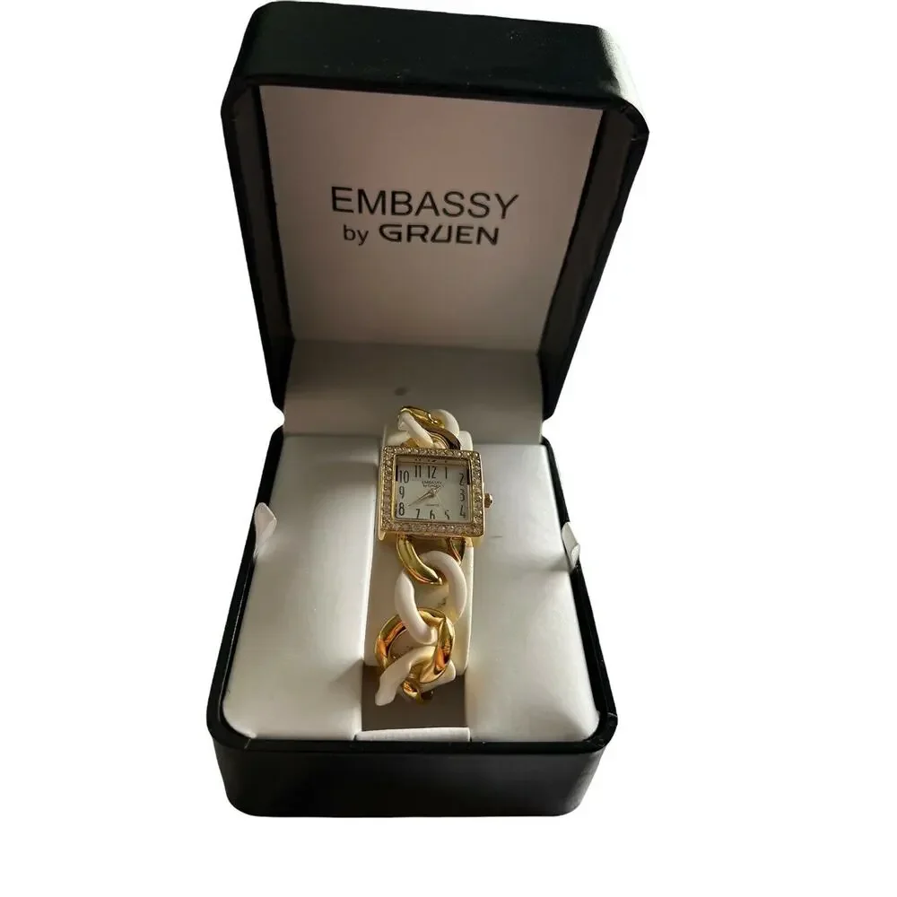 Embassy by Gruen Women's Watch Gold White Chain Link Cuff Rhinestone Square NIB